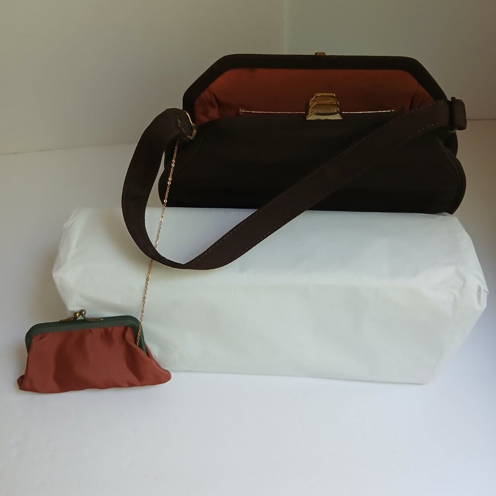 Vintage Brown Grosgrain Gold Art Deco Clasp Handbag with Cute Attached Purse - Picture 2 of 13